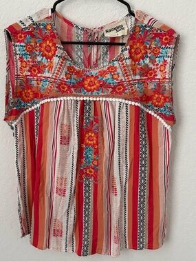 Savanna Jane Women's Embroidered Striped Sleeveless Top, Coral Multi, Size Small